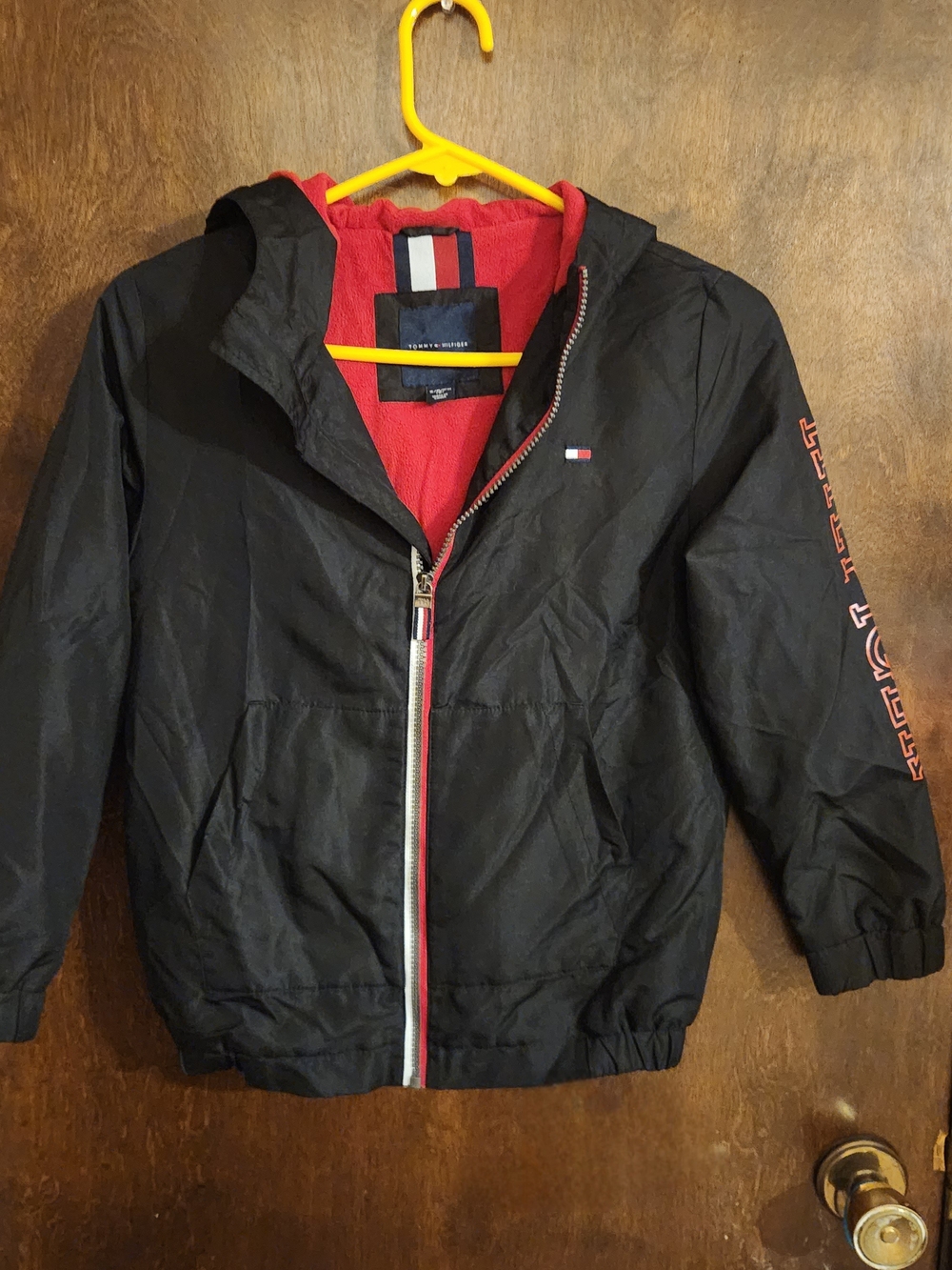 Tommy Hilfiger Kids Black Jacket with Red Lining Windbreaker Small Size 8
